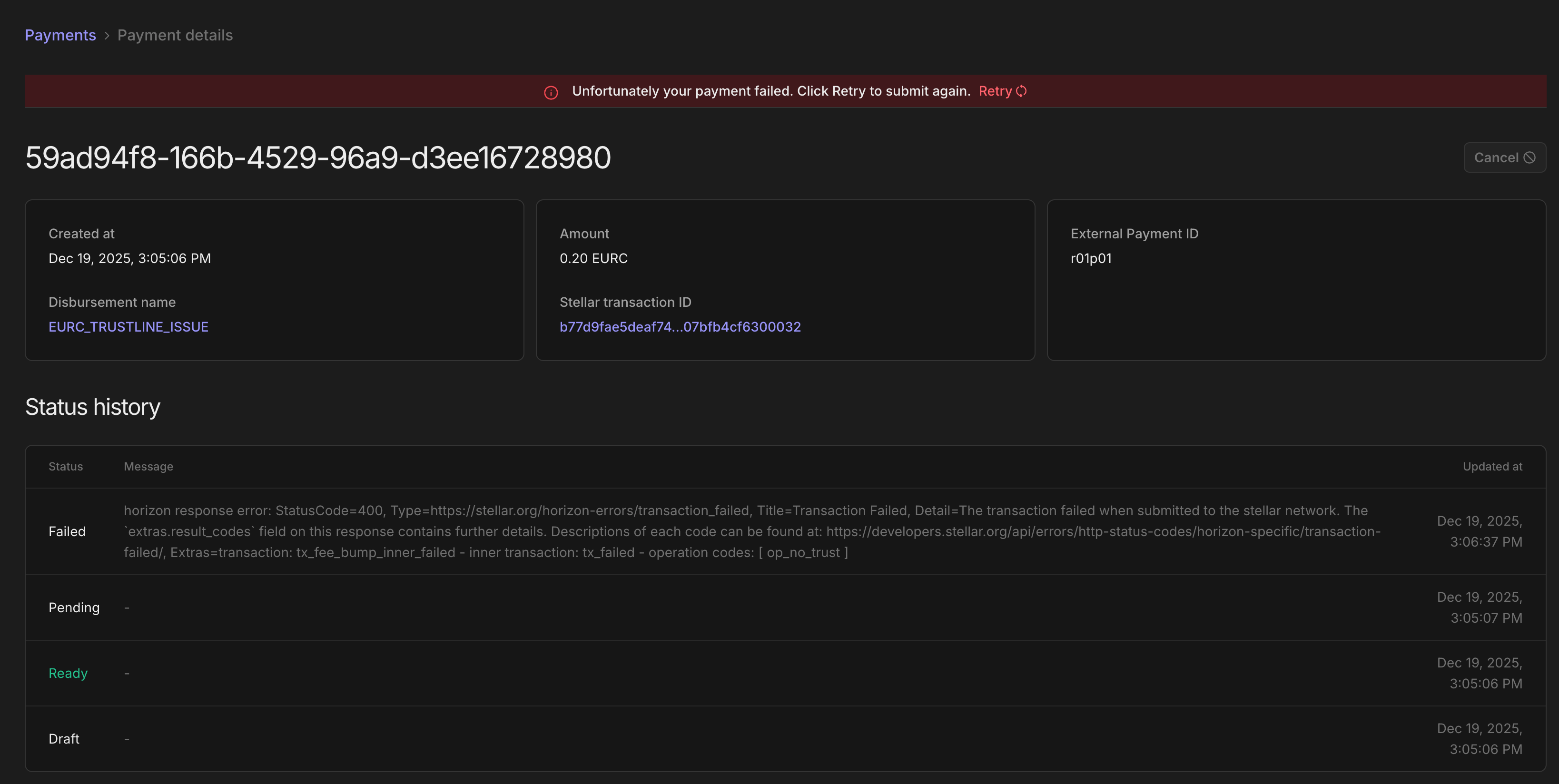 Payment Failed Error